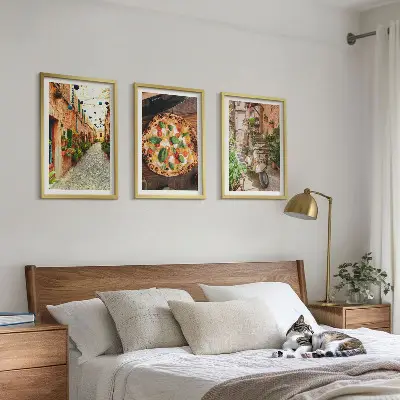 Set of 3 framed wall art pieces featuring charming streets with pizza