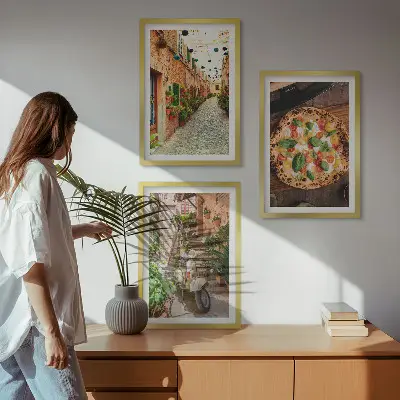 Set of 3 framed wall art pieces featuring charming streets with pizza