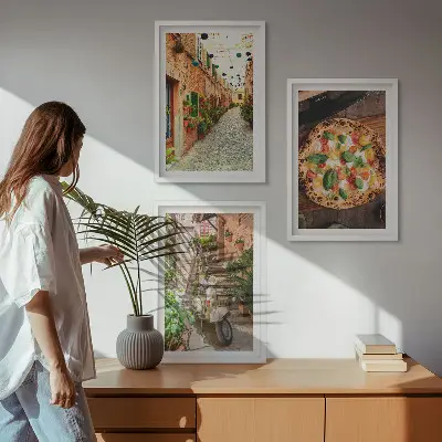 Set of 3 framed wall art pieces featuring charming streets with pizza
