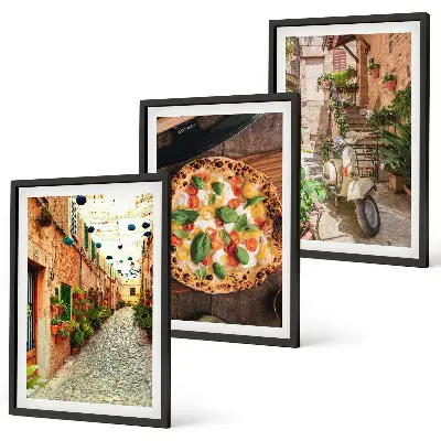 Set of 3 framed wall art pieces featuring charming streets with pizza