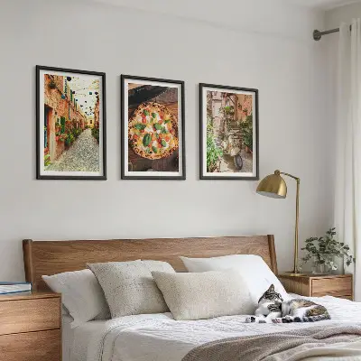 Set of 3 framed wall art pieces featuring charming streets with pizza