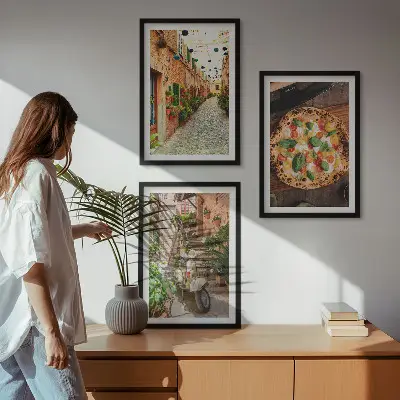 Set of 3 framed wall art pieces featuring charming streets with pizza