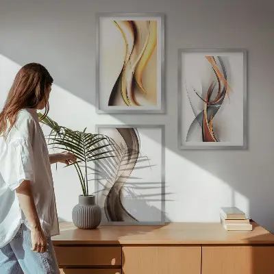 Wall art set yellow gray and brown waves