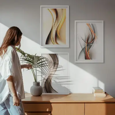 Wall art set yellow gray and brown waves