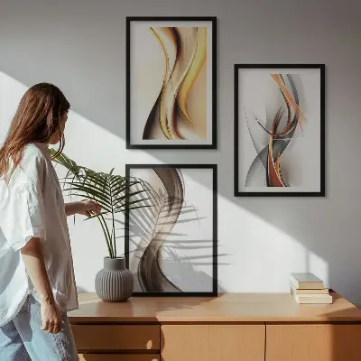 Wall art set yellow gray and brown waves