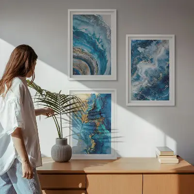 Blue abstract patterns wall art set of 3 framed pieces