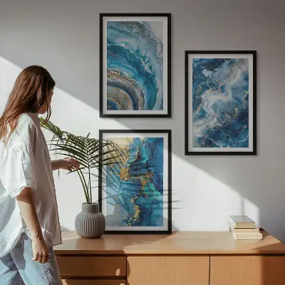 Blue abstract patterns wall art set of 3 framed pieces