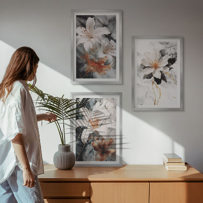 Wall art set Flowers marble white black