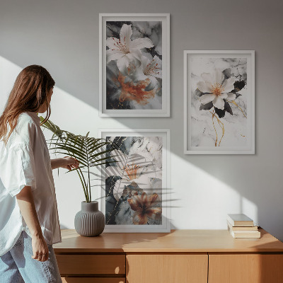 Wall art set Flowers marble white black