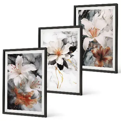 Wall art set marble flowers in white and black