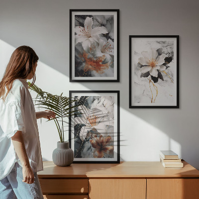 Wall art set Flowers marble white black