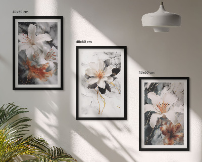 Wall art set Flowers marble white black