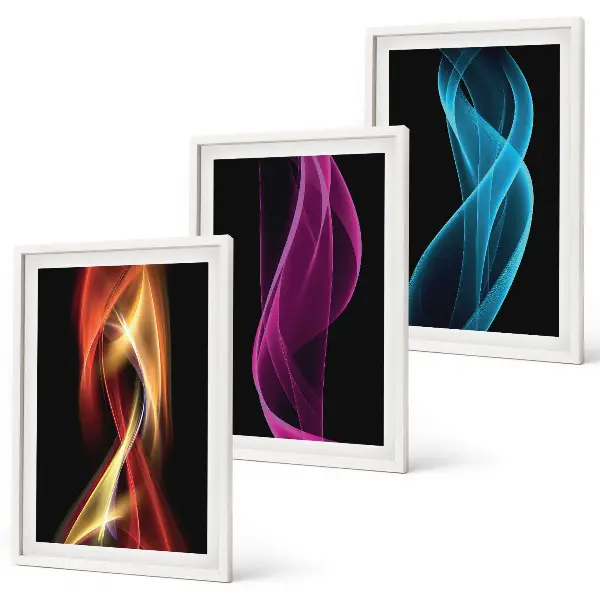 Three-piece wall art set neon wavy lines on a dark background