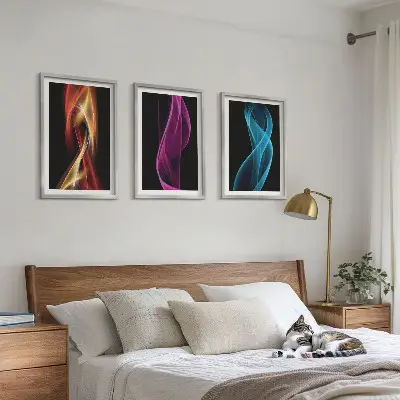 Three-piece wall art set neon wavy lines on a dark background