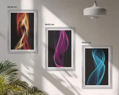 Three-piece wall art set neon wavy lines on a dark background
