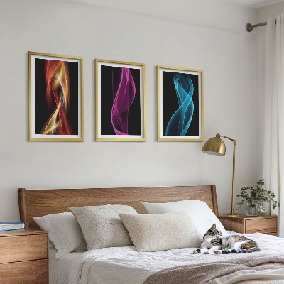 Three-piece wall art piece Neon waves lines dark background