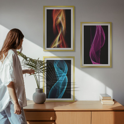 Three-piece wall art piece Neon waves lines dark background