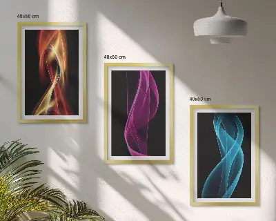 Three-piece wall art set neon wavy lines on a dark background