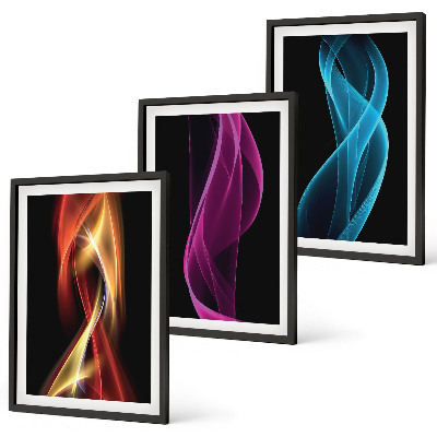 Three-piece wall art piece Neon waves lines dark background