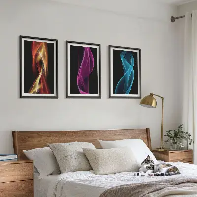 Three-piece wall art set neon wavy lines on a dark background