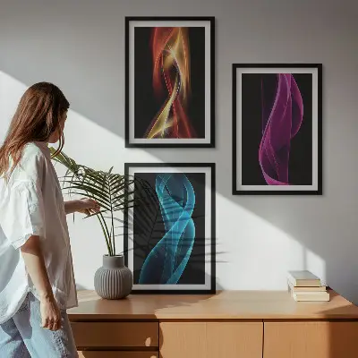 Three-piece wall art set neon wavy lines on a dark background