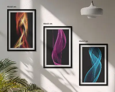 Three-piece wall art set neon wavy lines on a dark background
