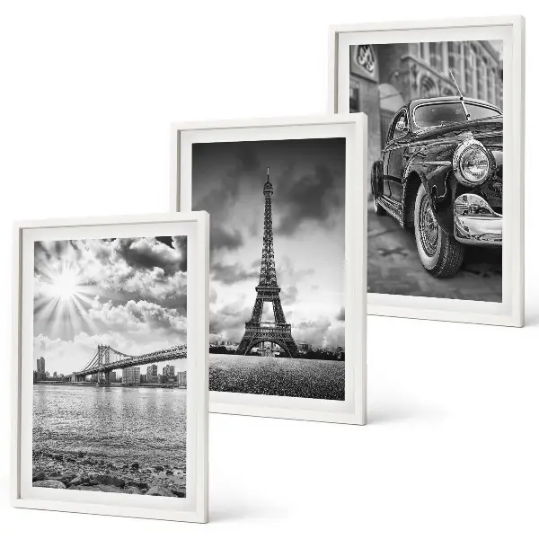 Set of 3 framed wall art pieces City views, bridges, Eiffel Tower