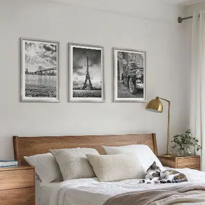 Set of 3 framed wall art pieces featuring city views of bridges and the Eiffel Tower