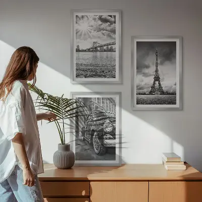 Set of 3 framed wall art pieces featuring city views of bridges and the Eiffel Tower