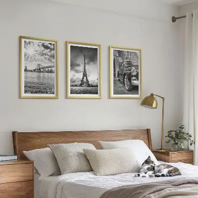 Set of 3 framed wall art pieces featuring city views of bridges and the Eiffel Tower