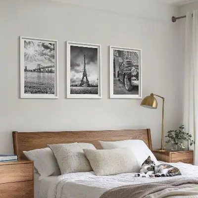 Set of 3 framed wall art pieces featuring city views of bridges and the Eiffel Tower