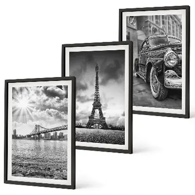Set of 3 framed wall art pieces featuring city views of bridges and the Eiffel Tower