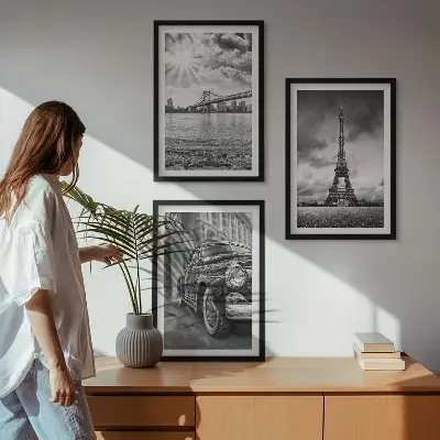 Set of 3 framed wall art pieces featuring city views of bridges and the Eiffel Tower