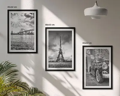 Set of 3 framed wall art pieces City views, bridges, Eiffel Tower