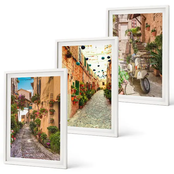 Set of 3 framed wall art pieces featuring streets, flowers, and Italian atmosphere