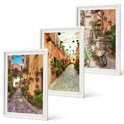 Set of 3 framed wall art pieces featuring streets, flowers, and Italian atmosphere
