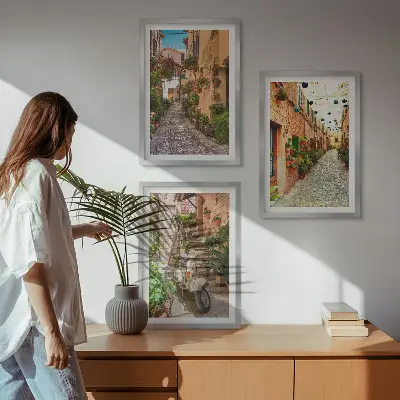 Set of 3 framed wall art pieces featuring streets, flowers, and Italian atmosphere