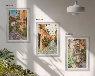 Set of 3 framed wall art pieces featuring streets, flowers, and Italian atmosphere
