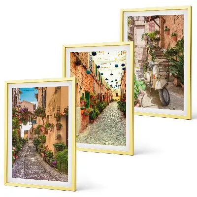 Set of 3 framed wall art pieces featuring streets, flowers, and Italian atmosphere