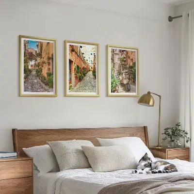 Set of 3 framed wall art pieces featuring streets, flowers, and Italian atmosphere