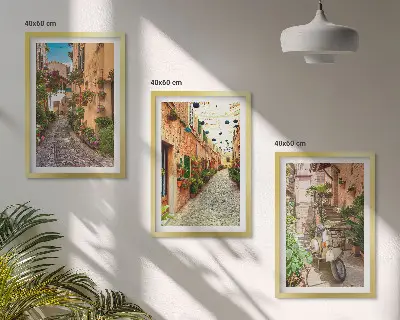 Set of 3 framed wall art pieces featuring streets, flowers, and Italian atmosphere