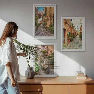 Set of 3 framed wall art pieces featuring streets, flowers, and Italian atmosphere