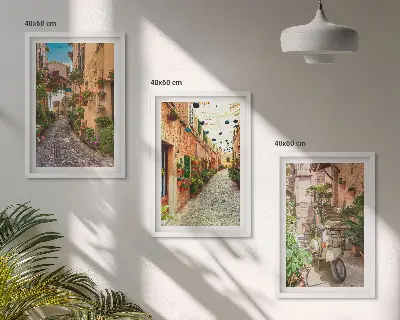 Set of 3 framed wall art pieces featuring streets, flowers, and Italian atmosphere