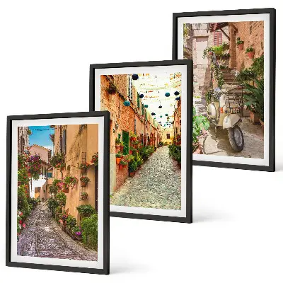 Set of 3 framed wall art pieces featuring streets, flowers, and Italian atmosphere
