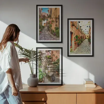Set of 3 framed wall art pieces featuring streets, flowers, and Italian atmosphere