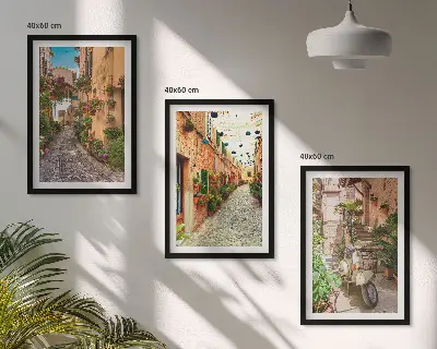 Set of 3 framed wall art pieces featuring streets, flowers, and Italian atmosphere