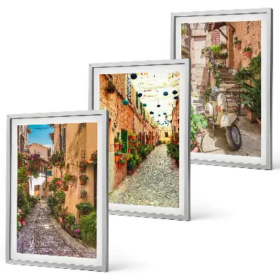 Set of 3 framed wall art pieces featuring streets, flowers, and Italian atmosphere