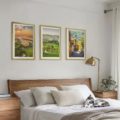 Set of 3 framed wall art pieces featuring Italian river street landscapes