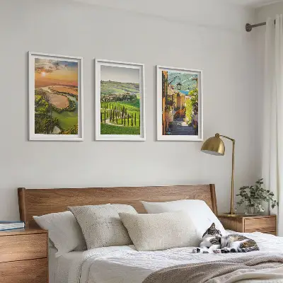 Set of 3 framed wall art pieces featuring Italian river street landscapes