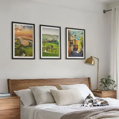 Set of 3 framed wall art pieces featuring Italian river street landscapes